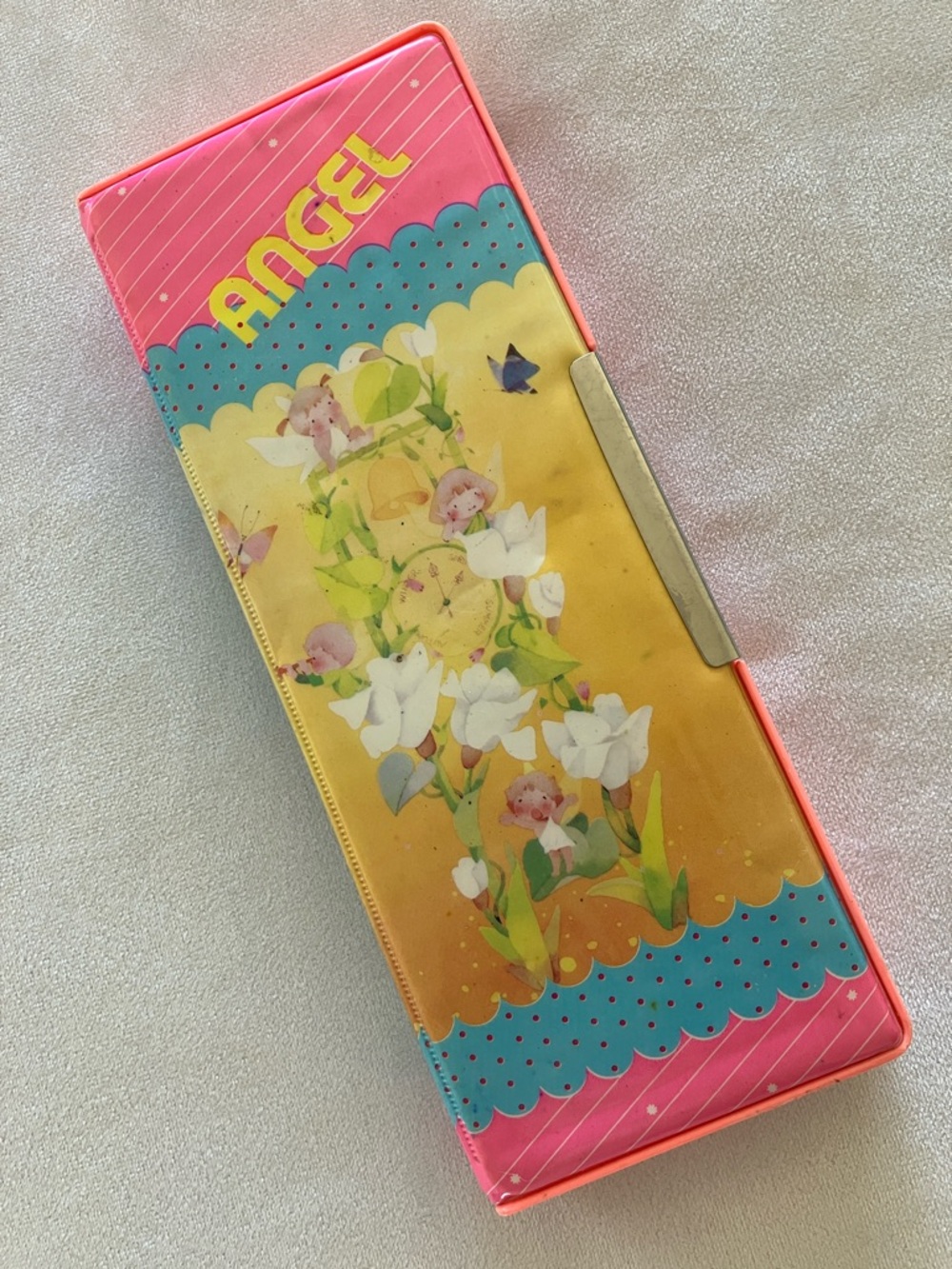 Vintage Japan Flomo Angel Floral Pink & Yellow Pencil Case